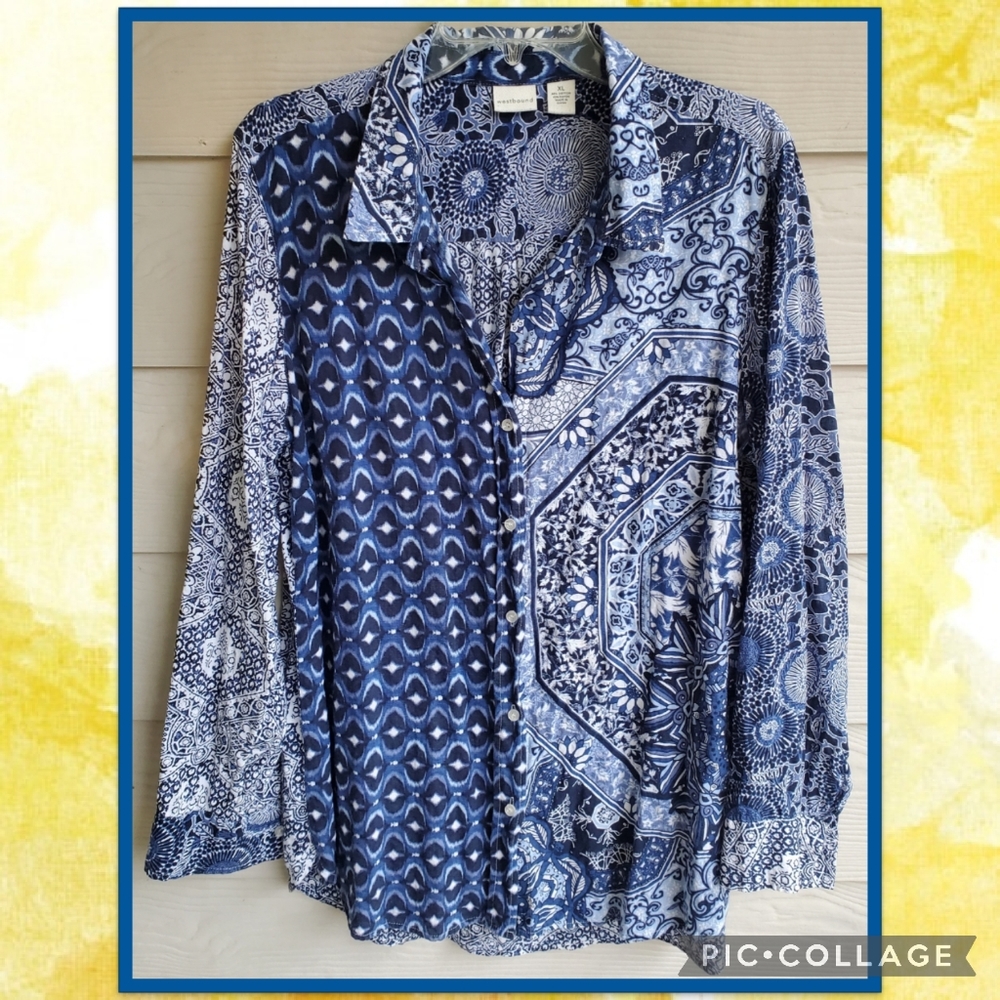Westbound Blue Monochrome Boho Ethnic Eclectic Ikat Multi-pattern Button-down